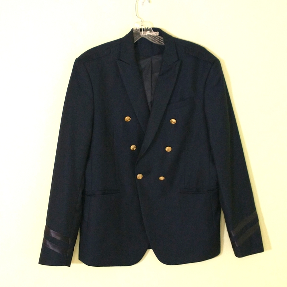 Zara Navy Blue One Button Wool Blend Military Style Sport Coat  Blazer sz: 42